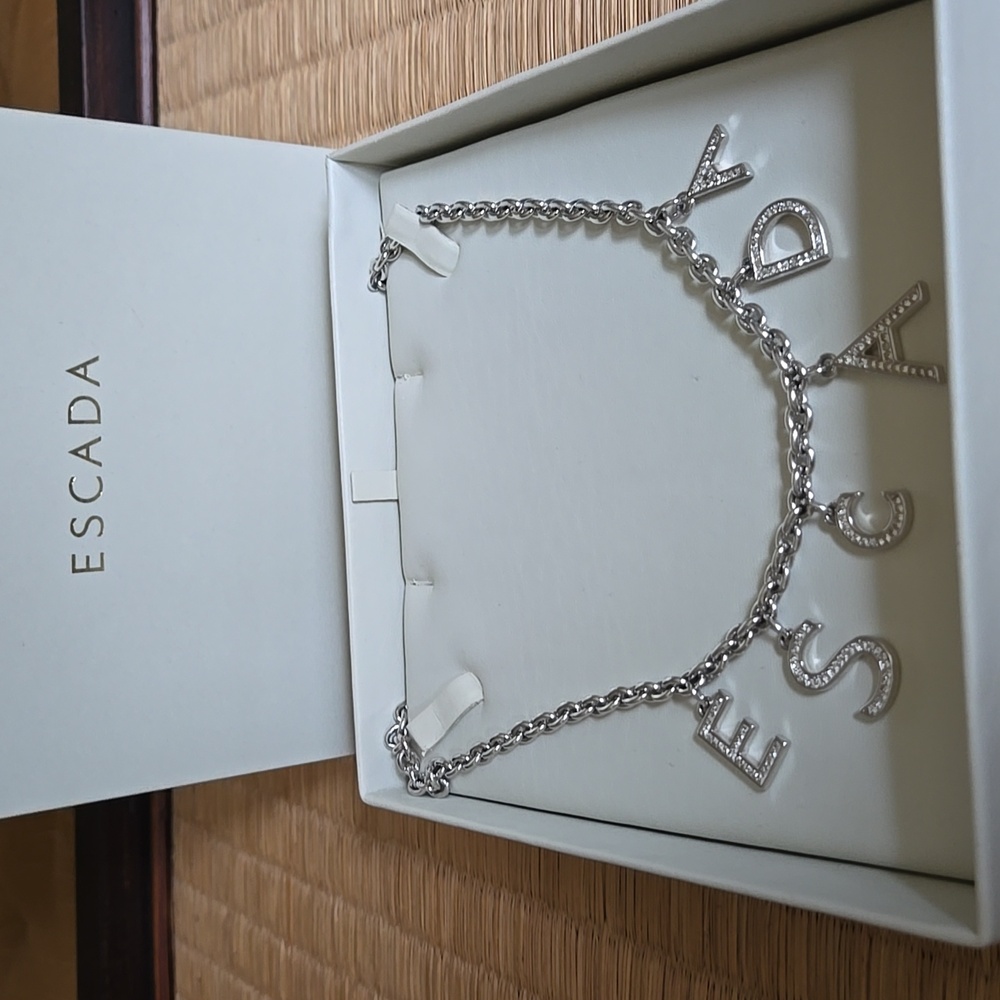 ESCADA Elegant Silver 36"Necklace with Crystal Designer Name Pendant
